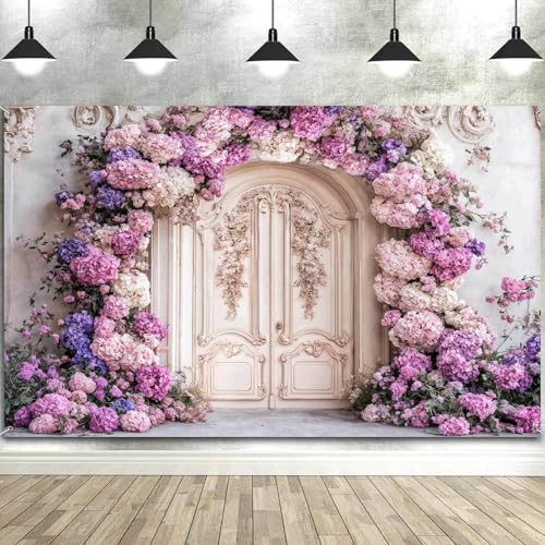 6X4ft Flower Backdrop Purple Floral Arch Retro Door Photography Backdrops Modern Interior European Style Wall Decoration Wedding Portrait Background Studio Photo Booth Props - color: Multi3, size: 6X4ft