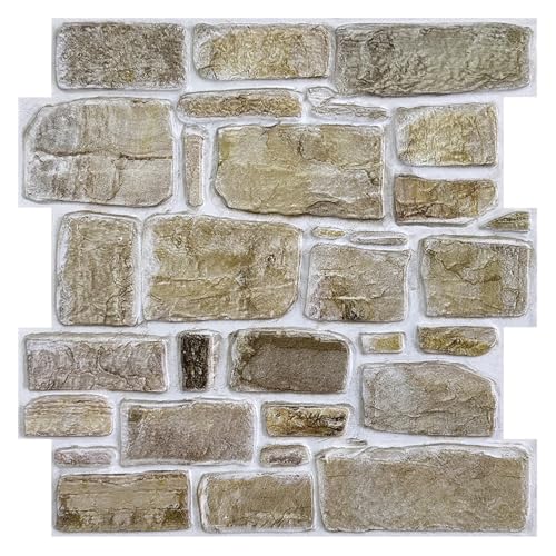 COMSTICKC 3D Faux Stone Peel and Stick Wall Panel, Faux Brick Wall Panels, 10 Pcs of 12"X12" Lightweight Thin PVC Rock Adhesive Fake Brick Backsplash Kitchen Living Room, Paintable - color: Brown - 01