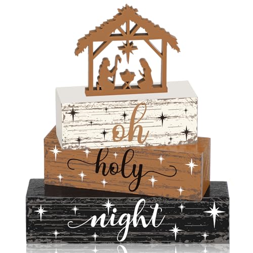 Geelin 4 Pieces Christmas Nativity Scene Table Decorations Xmas Wooden Silent Night Block Signs Holy Night Tabletop Centerpieces Farmhouse Tiered Tray Decor for Home Table Kitchen Shelf - style: Jesus