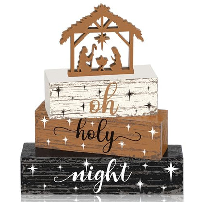 Geelin 4 Pieces Christmas Nativity Scene Table Decorations Xmas Wooden Silent Night Block Signs Holy Night Tabletop Centerpieces Farmhouse Tiered Tray Decor for Home Table Kitchen Shelf - style: Jesus