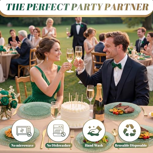 I00000 150Pcs Clear Green Plastic Plates with Gold Rim,Green Disposable Plates,Clear hammer patterned plates Set include 30 Dinner Plate,30 Dessert Plate,90 plastic Silverware Set for Party - color: Clear Green