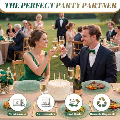 I00000 150Pcs Clear Green Plastic Plates with Gold Rim,Green Disposable Plates,Clear hammer patterned plates Set include 30 Dinner Plate,30 Dessert Plate,90 plastic Silverware Set for Party - color: Clear Green