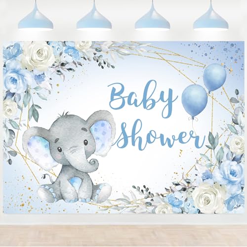 InMemory Blue Elephant Baby Shower Backdrop Watercolor Flower It's A Boy Oh Baby Shower Party Decorations Photography Background Floral Little Peanut is On The Way Wall Banner 5x3ft - color: Blue, size: 5x3ft