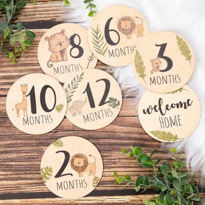 Baby Monthly Milestone Cards Sign - 7 Double Sided Animals Marker Wooden Circles Discs Newborn Photography Prop, Pregnancy Journey Birth Announcement Sign Baby Boy and Girl Gift Sets