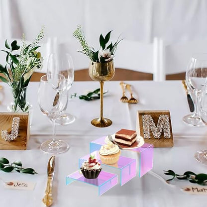 12 PCs Iridscent Risers Display Stands 3 Tiers Desktop Acrylic Shelves Small Cake Dessert Holder Products Stand for Collectibles Shoes Jewels Pop Figure (Iridescent2) - color: Iridescent 12 PCs