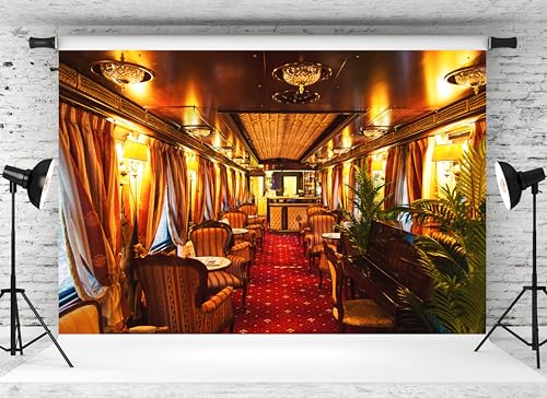 MAEQLQLM 10x8ft Vintage Luxury Train Carriage Backdrop Elegant Retro Railway Dining Lounge Photography Background for Railroad Theme Party Vintage Travel Event Decor Wallpaper Photoshoot Props - size: 10x8FT