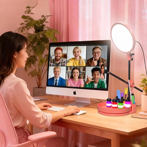 Selfie Light Kit for Desk and Laptop,55W Dimmable Full Screen Ring Light,with Rotating Storage Box,Pen Holder Stand,Phone Holder and Controller (Pink, 10.5) - color: Pink
