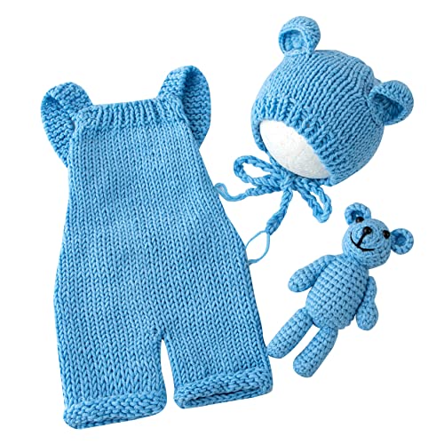 Newborn Photography Props Boys Girls Outfits Baby Photo Props Knit Bear Hat Romper Photoshoot Costume Set - color: Light Blue