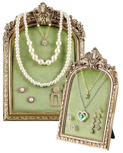 Wonderjune 2 Pcs Gold Jewelry Display Stand Vintage Necklace Organizer Ring Holder Earring Tray Resin Jewelry Photography Props Frame with Velvet Backing for Gifts(Green,Large,Small,Elegant) - color: Green, size: Large,Small, style: Elegant
