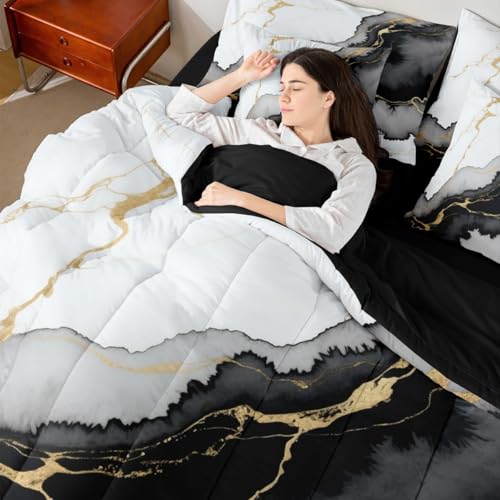 Erosebridal Black Marble Full Size 7 Piece Bedding Set for Men Women,Grey Abstract Marbling Bed in A Bag Ink Rendering Marble Grain Comforter Set with Sheets Bronzing Sequins Gold Texture Bed Set - color: Black Golden, size: Full