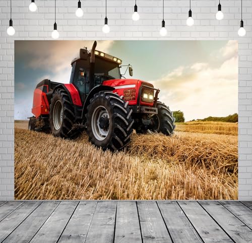 BELECO 5x3ft Fabric Farming Tractor Photography Backdrop Countryside Field Red Tractor Haystack Fall Harvest Photography Background Autumn Themed Party Decoration Photo Studio Props - size: 5x3FT