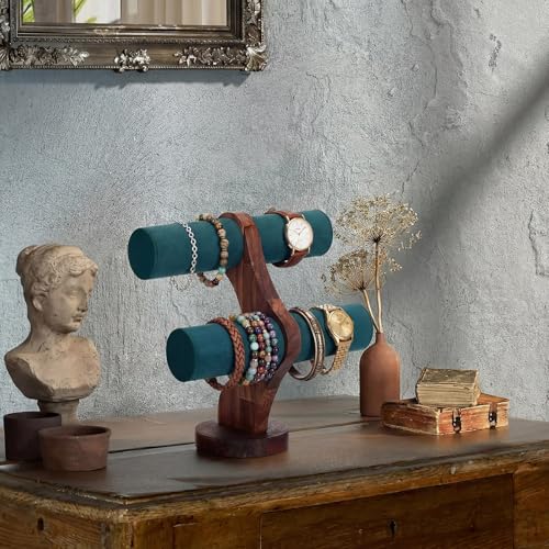 RattanView 2 Tier Walnut Bracelet Holder Display Wooden Watch Stand Organizer T Bar Rack Storage Tower for Selling Retail - color: Dark Green