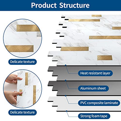 Yipscazo 10 Sheets Peel and Stick Stone Metal Tile Backsplash, Stick on Tiles for Backsplash Kitchen, Bathroom, Laundry Room, Camper, Fireplace (12'' X 12'', White Stone with Gold) - color: White Stone with Gold