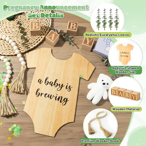 12Pcs Pregnancy Announcement Set Pregnancy Reveal Ideas Include Wooden Sign Beads Garland Wood Blocks Eucalyptus Leaves and Bear Coming Soon Baby Announcement Props for Grandparents Dad Husband Family - color: Green