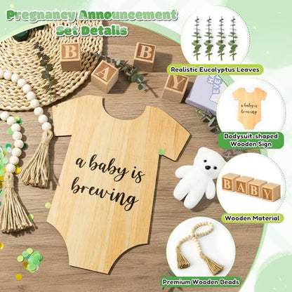 12Pcs Pregnancy Announcement Set Pregnancy Reveal Ideas Include Wooden Sign Beads Garland Wood Blocks Eucalyptus Leaves and Bear Coming Soon Baby Announcement Props for Grandparents Dad Husband Family - color: Green