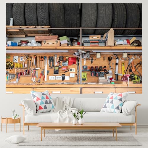 12x8ft Garage Backdrops Vintage Garage Car Repair Room Photography Background Tool Holder Wrench Measuring Ruler Photo Shooting Props - size: 12x8ft