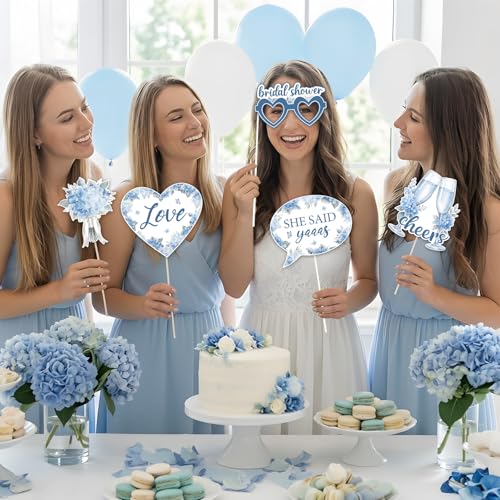 Cheereveal Something Blue Before I Do Bridal Shower Decorations, Blue Hydrangea Photo Booth Props Set, Vintage Floral Party Supplies for Bridal Shower Bachelorette Engagement Wedding Photo Backdrop