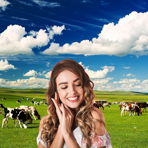 Green Meadow Cows Backdrop Rural Pasture Cows Group Grazing on Grassland Photography Background White Clouds Blue Sky Green Grass Meadow Farm Themed Party Backdrop for Photo Studio Props 5x3ft - color: Green Blue, size: 5x3ft