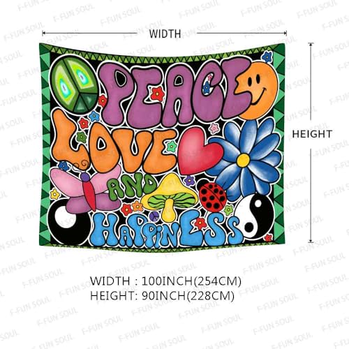 F-FUN SOUL Peace Love and Happiness Tapestry, 100x90inches Soft Flannel, Mushroom Psychedelic Tapestries 70s Theme Tapestry Wall Hanging for Bedroom Living Room Decor GTZYFS1339 - size: 100"L x 90"W