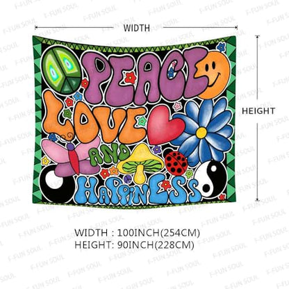 F-FUN SOUL Peace Love and Happiness Tapestry, 100x90inches Soft Flannel, Mushroom Psychedelic Tapestries 70s Theme Tapestry Wall Hanging for Bedroom Living Room Decor GTZYFS1339 - size: 100"L x 90"W