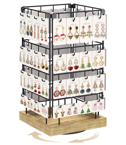 MODOWEY Earring Card Display Stand for Vendors, 64 Hooks Rotating Organizer Tree Holder, 4 Tier Jewelry Rack with Wooden Base for Stud Pierced Earring Selling, Grab Attention to Boost Sales, Oak - color: Oak