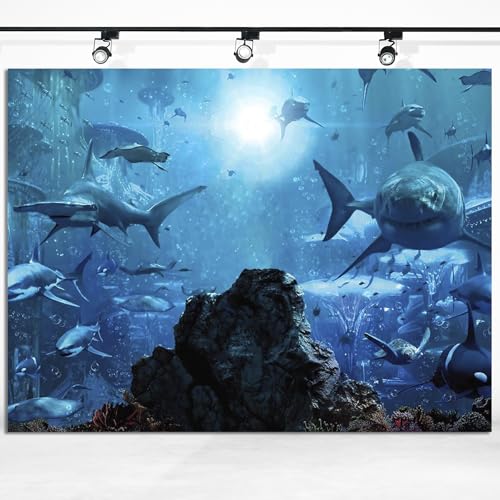 12x10ft Fabric Shark Theme Backdrop Deep-sea Ocean Shark Reef Aquarium Photography Background Birthday Theme Party Decoration Banner Kid Diver Portrait Photo Studio Props - size: 12x10 FT