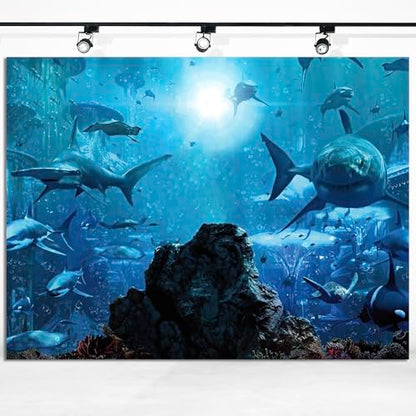 12x10ft Fabric Shark Theme Backdrop Deep-sea Ocean Shark Reef Aquarium Photography Background Birthday Theme Party Decoration Banner Kid Diver Portrait Photo Studio Props - size: 12x10 FT