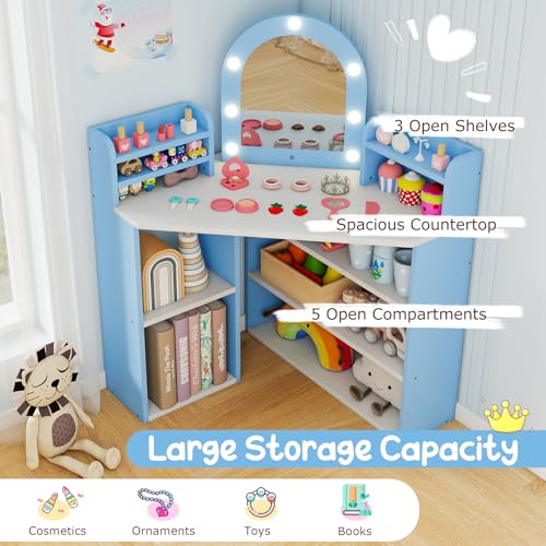 Costzon Kids Vanity with Lights, Corner Vanity Desk with Mirror, Storage Shelves, Wooden Princess Toddler Makeup Dressing Table, Kids Vanity Table and Chair Set for Little Girls (Blue) - style: Blue with Corner Design