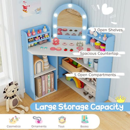 Costzon Kids Vanity with Lights, Corner Vanity Desk with Mirror, Storage Shelves, Wooden Princess Toddler Makeup Dressing Table, Kids Vanity Table and Chair Set for Little Girls (Blue) - style: Blue with Corner Design