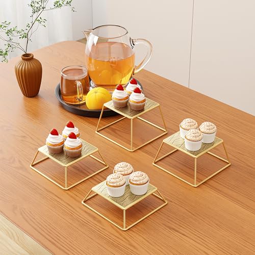 Dessert Table Risers Display Stands Food display Gold Metal Square Retail Pizza,Cupcake,Candy Stands Food Platter Tray,6x6 INCH,Set of 4