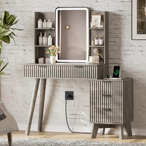 Xixini Fluted Vanity Desk with Mirror and Lights, Glass Top Makeup Table Set with 5 Drawers, Power Outlet & Storage Cabinet, Large Dressing Table with RGB Ambient Light for Bedroom Women Girls, Grey - color: Grey, size: 5 Drawers