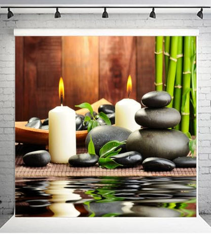 10x10ft Meditation Relax Backdrop Bamboo Zen Stone Candle Water Woodiness Floor, Dessert Table Banner Decoration Photography Background BJOKPH0032 - size: 10x10ft