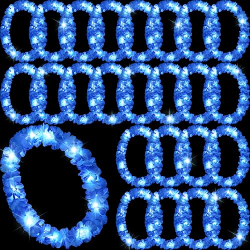 Sherr 24 Pcs LED Leis Light Up Wedding Hawaiian Leis Flower Necklace with LED Lights Beach Tropical Carnival Party Wedding Supplies Luau for Masquerade(Bright Blue) - color: Bright Blue