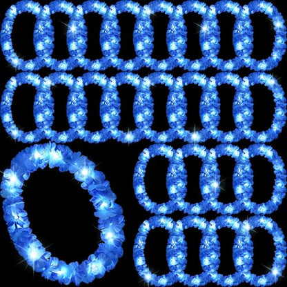Sherr 24 Pcs LED Leis Light Up Wedding Hawaiian Leis Flower Necklace with LED Lights Beach Tropical Carnival Party Wedding Supplies Luau for Masquerade(Bright Blue) - color: Bright Blue