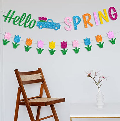 Glitter Hello Spring Banner with Tulip Truck Signs and Colorful Glittery Tulips Banner Hello Spring Flowers Garland Easter Birthday Party Fireplace Mantle Decorations