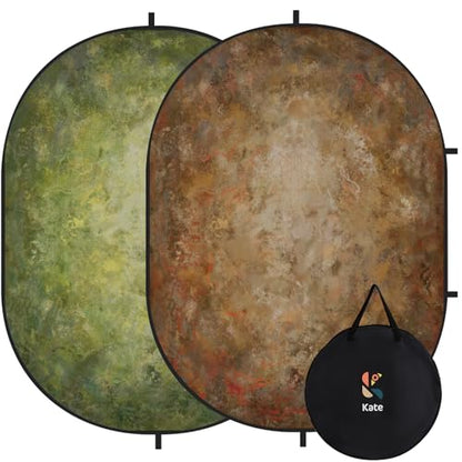 Kate 5x6.5ft(1.5x2m) Collapsible Backdrop Brown Green Texture Pop up Reversible Portrait Photography Backgrounds for Video Meetings