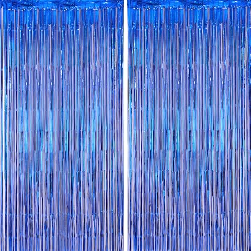 Voircoloria 2 Pack Blue Foil Fringe Backdrop Curtains, Tinsel Streamers Party Decorations, Fringe Backdrop for Graduation, Disco Party - color: 27 Royal Blue