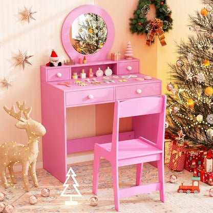 Costzon Kids Vanity, Princess Makeup Dressing Desk with Mirror and Stool, 4 Storage Drawers, Vanity Table and Chair Set for Little Girls (Pink) - style: Pink with Round Mirror