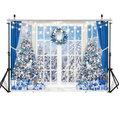7x5ft Blue Christmas Backdrop Christmas Window Photography Background Winter Snow Xmas Tree Forest Photo Backdrop Winter Party Decoration Banner X-465 - size: 7x5ft