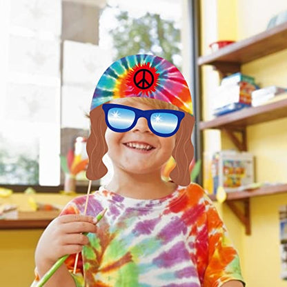 25Pcs Hippie Photo Booth Props with Stick, 60's 70's Groovy Theme Selfie Props, Tie Dye Birthday Party Supplies, Peace Sign Photography Backdrop Decorations