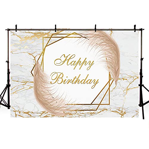 AIBIIN 7x5ft White and Gold Marble Birthday Backdrop Boho Fluid Happy Birthday Photography Background for Men Women 30th 40th 50th 60th 70th Bday Party Banner Decorations Photo Shoot Studio Props