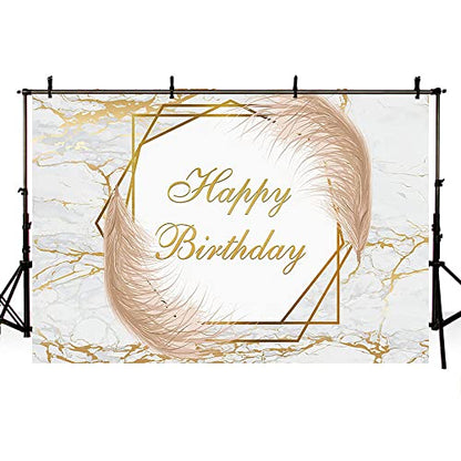 AIBIIN 7x5ft White and Gold Marble Birthday Backdrop Boho Fluid Happy Birthday Photography Background for Men Women 30th 40th 50th 60th 70th Bday Party Banner Decorations Photo Shoot Studio Props