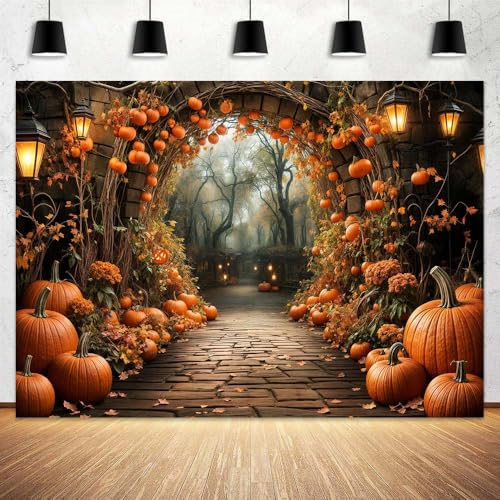 7 x 5 ft Autumn Backdrops Fall Stone Arch Leaves Pumpkin Leaf Path Scenery Photography Background Thanksgiving Yellow Flowers Seasonal Party Photo Studio Props - color: Yellow, size: 7x5ft