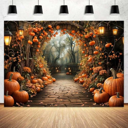 5 x 3 ft Autumn Backdrops Fall Stone Arch Leaves Pumpkin Leaf Path Scenery Photography Background Thanksgiving Yellow Flowers Seasonal Party Photo Studio Props - color: Yellow, size: 5x3ft