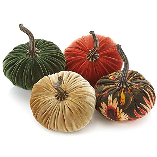 Your Heart's Content Set of 4 Small Velvet Pumpkins, Harvest Table Decor, Gold Pumpkin Shelf Sitters, Rustic Bowl Fillers, Fall Floral Pumpkin Decor, Earth Tone (Gold, Olive, Rust, Fall Floral) - color: Gold, Olive, Rust, Fall Floral