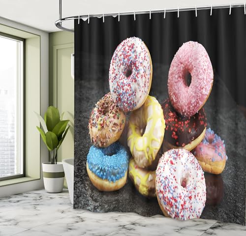 Ambesonne Donut Shower Curtain, Close up View of Colorful Doughnuts on Dark Background Food Print, Cloth Fabric Bathroom Decor Set with Hooks, 69" W x 70" L, Pastel Yellow and Sky Blue - color: Pastel Yellow and Sky Blue, size: 69" W x 70" L