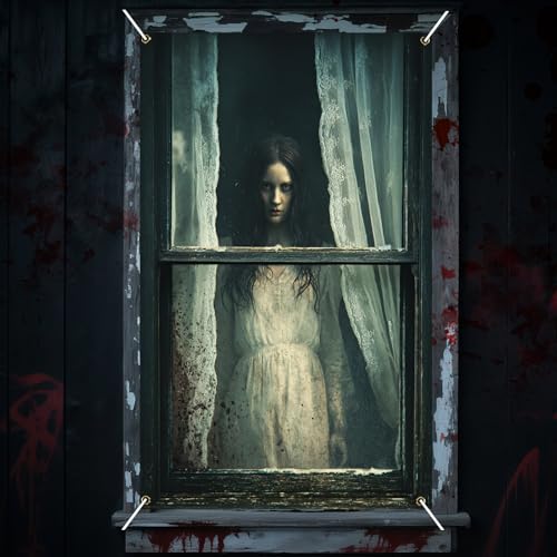 Nuxovilar Halloween Window Decorations, Bloody - Gown Ghost Standing Behind Halloween Window Cover for Indoor, Party, Haunted House, 31.5x47.3 Inches - color: LU90012