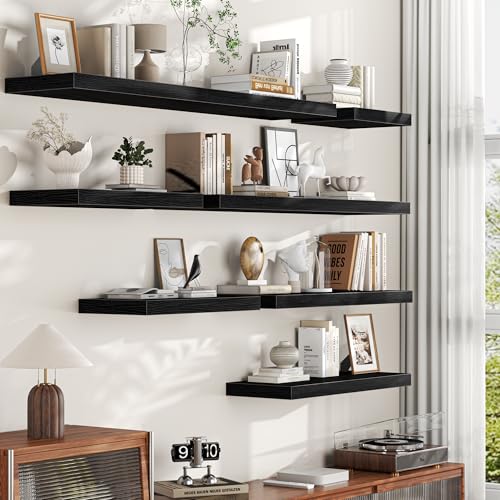 Black Floating Shelves for Wall, 24 Inch Floating Shelves Set of 2, Wall Mounted Rustic Wood Shelf for Bathroom, Living Room, Bedroom and Kitchen, Hanging Shelf for Storage, Books, Home Decor - color: Black, size: 24 Inch, Set of 2