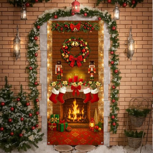 Buryeah Christmas Door Cover Decoration Christmas Fireplace Door Cover Xmas Nutcracker Banner Backdrop Photo Booth Prop Background for Winter Xmas Holiday New Year Party 6.5 x 3 Feet(Warm) - style: Warm
