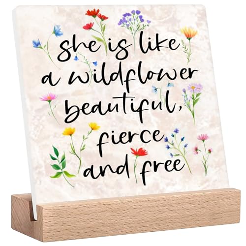 Wildflower Desk Decor Signs, Wildflowers Party & Baby Shower Decorations, Birthday Gifts for Girls, Wild Flower Nursery Decor, "She is Like a Wildflower Beautiful Fierce and Free" Sign - color: Flower02